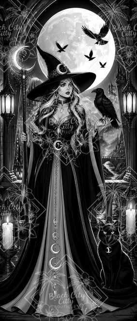 Raven Crescent Witch wearing an elegant black gown and pointed hat while holding a raven beneath a giant full moon, accompanied by a black cat, crescent staff, candles and Gothic castle.