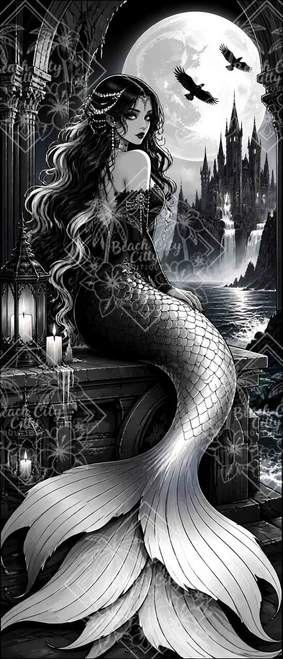 Moonlit Siren Castle featuring a dark-haired mermaid with a dramatic black-and-silver tail sitting beneath a giant full moon overlooking a Gothic castle and cascading waterfalls.