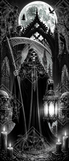 Raven Moon Reaper featuring a hooded skeletal grim reaper holding an enormous ornate scythe and glowing Gothic lantern beneath a full moon with ravens, skulls and cathedral ruins.