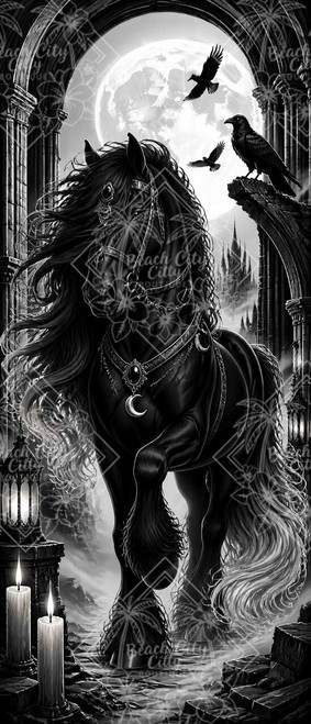 Phantom Moon Stallion featuring a majestic black Friesian horse with a flowing silver mane beneath a glowing full moon, surrounded by ravens, Gothic cathedral ruins, candles and mist in dramatic black-and-white fantasy art.