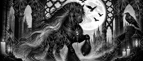 Phantom Moon Stallion featuring a majestic black Friesian horse with a flowing silver mane beneath a glowing full moon, surrounded by ravens, Gothic cathedral ruins, candles and mist in dramatic black-and-white fantasy art.