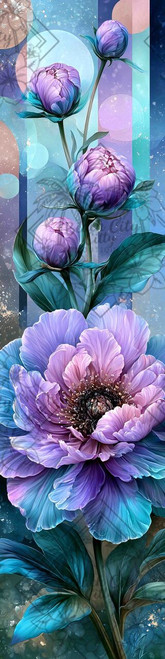 Lavender Peony Bloom diamond art by Sandrietta featuring oversized lavender and purple peonies with teal leaves against a modern geometric background.