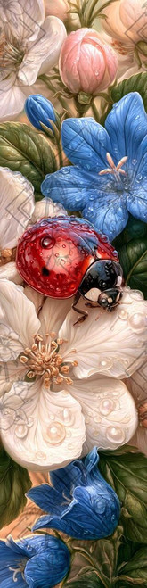 Ladybug Dew Garden diamond art by Sandrietta featuring a red ladybug resting among blue and white flowers covered with sparkling water droplets.