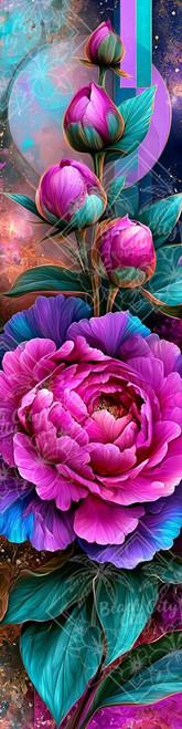Jewel Peony Bloom diamond art by Sandrietta featuring a vivid magenta peony with turquoise leaves, colorful buds and contemporary geometric accents.
