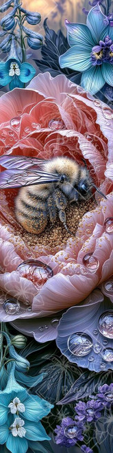 Bee Dew Rose diamond art by Sandrietta featuring a fuzzy bee nestled inside a dew-covered rose surrounded by blue and purple garden flowers.