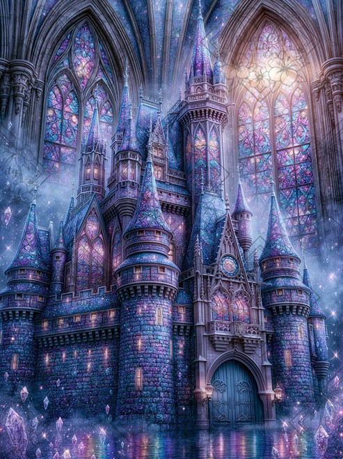 Crystal Cathedral Palace diamond art by Sandrietta featuring an elaborate purple and blue fantasy castle with Gothic architecture, stained glass and glowing crystals.