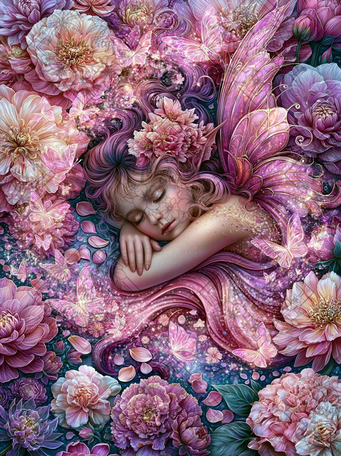 Fairy Slumber Dream diamond art by Sandrietta featuring a sleeping pink-winged fairy surrounded by peonies, glowing butterflies and sparkling flowers.