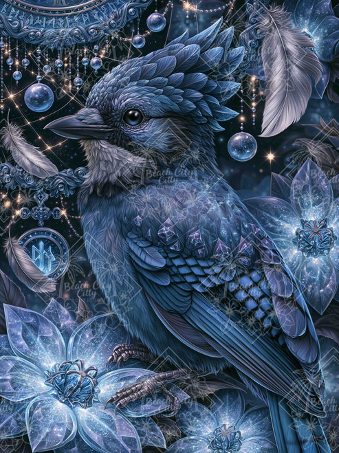 Crystal Reverie Bloom licensed diamond art by Sandrietta featuring an enchanting cobalt-blue fantasy bird with an elaborate feathered crest, surrounded by shimmering crystal flowers, floating feathers, glowing orbs and mystical blue ornaments.