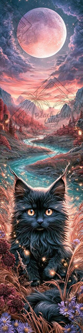 Fluffy black cat with glowing amber eyes sitting among wildflowers beside a winding turquoise river beneath an enormous pink moon.