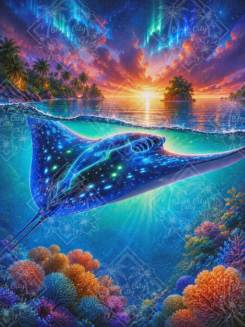 Glowing blue manta ray swimming through a tropical coral reef beneath a brilliant sunset and colorful aurora-filled night sky.