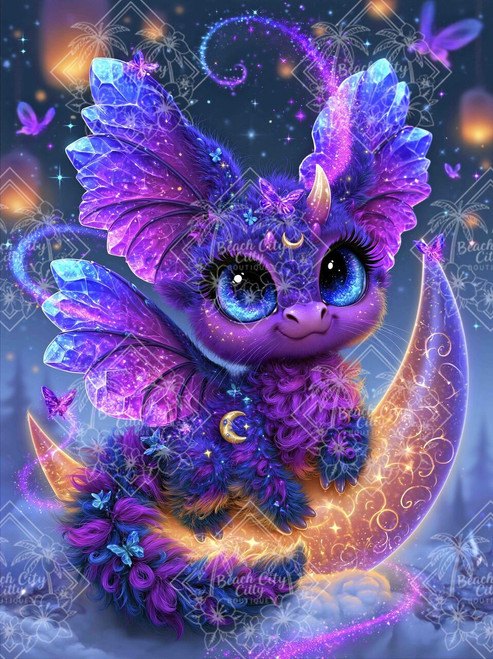 Adorable purple fantasy dragon with sparkling crystal wings sitting on a glowing crescent moon surrounded by butterflies and stars.