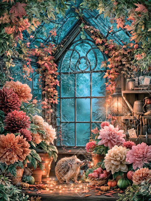 Cute hedgehog exploring a cozy autumn greenhouse filled with dahlias, pumpkins, glowing lights, vines, and a rain-covered window.