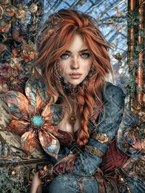 Red-haired steampunk woman with a long braid holding a large copper mechanical flower inside an elaborate glass conservatory.