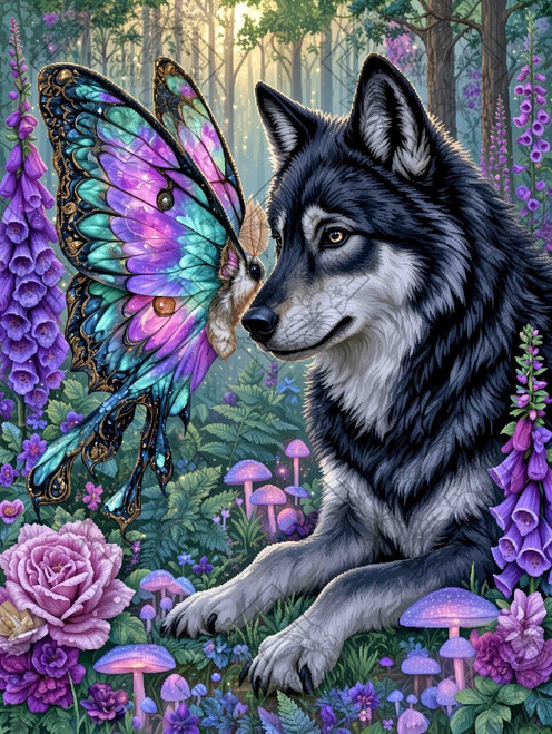 Black and silver wolf meeting a giant turquoise and purple fantasy moth among glowing mushrooms, roses, foxgloves, and forest flowers.
