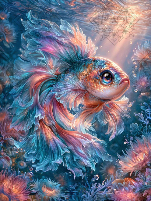 Flowing pastel betta fish swimming underwater with translucent blue, pink, and peach fins surrounded by glowing aquatic flowers.
