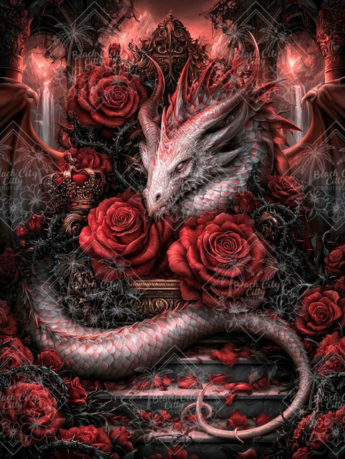 Pale fantasy dragon curled around an ornate gothic throne surrounded by deep red roses, black thorns, crowns, and dramatic red light.