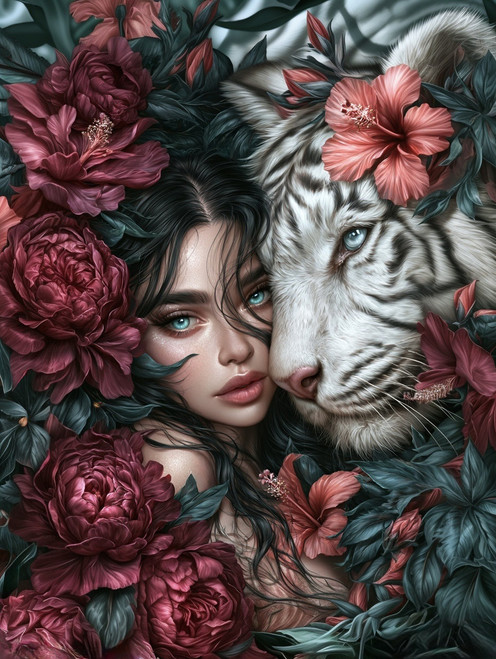 Dark-haired woman beside a blue-eyed white tiger surrounded by burgundy peonies, coral hibiscus flowers, and dark tropical foliage.