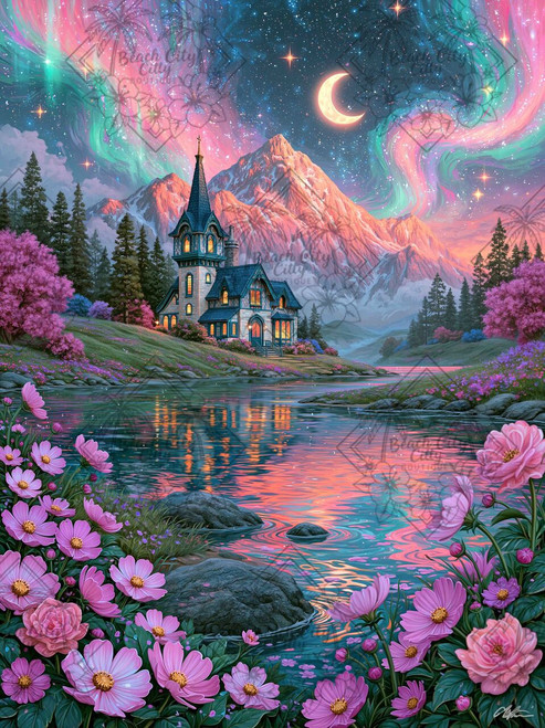 Charming gothic manor beside a mountain lake surrounded by pink flowers beneath a crescent moon and swirling pink and turquoise aurora.