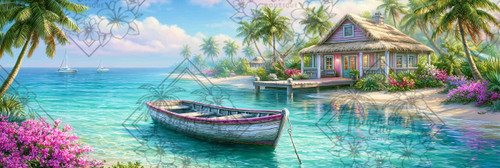 Colorful tropical cottage beside turquoise water with a weathered rowboat, palm trees, flowers, sandy beach, and sailboats.