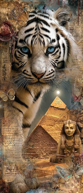 Blue-eyed white tiger surrounded by Egyptian pyramids, sphinx, hieroglyphics, butterflies, roses, and ancient parchment textures.