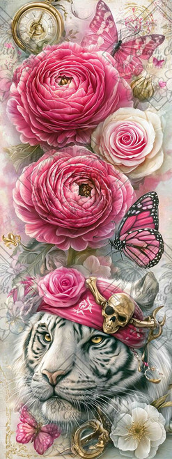 White tiger wearing a pink pirate hat with skull and crossbones surrounded by large pink flowers, butterflies, and gold accents.