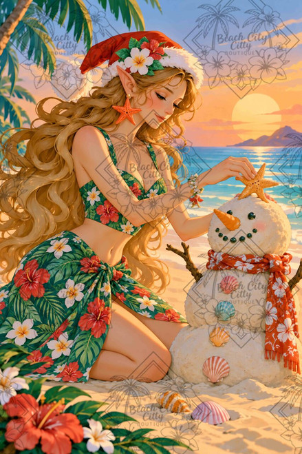 Sandy Snowman Christmas by Finira Art tropical beach Christmas Diamond Art Kit with woman decorating a sand snowman with seashells and starfish.