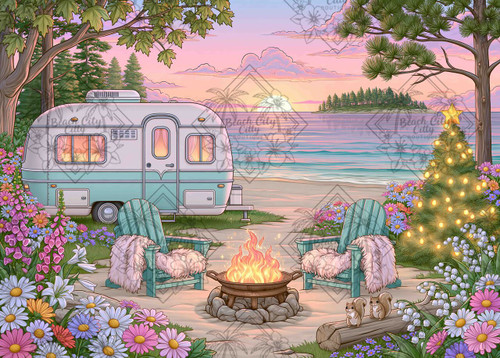 Merry Summer Days by Cocomarshmallow Art featuring a mint-green vintage camper, Christmas tree, beach campfire, Adirondack chairs, squirrels and colorful flowers beside a pastel ocean sunset, exclusively licensed diamond art.