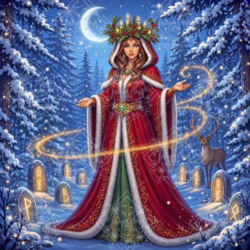 Winter Witch Queen by Kristin Schwenke Block featuring an enchanted Yule witch in a red fur-trimmed gown surrounded by snow, glowing runestones, crescent moon and deer