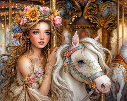 Carousel Blossom Dreams by Finira Art horse Diamond Art Kit featuring a floral woman beside an elegant white carousel horse with golden lights.