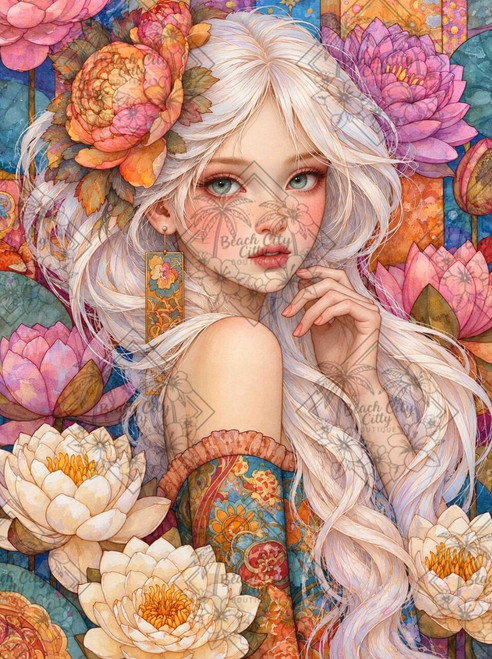 Lotus Blossom Enchantment by Finira Art floral fantasy Diamond Art Kit featuring a white-haired woman with blue-green eyes surrounded by colorful lotus flowers and ornate botanical patterns.