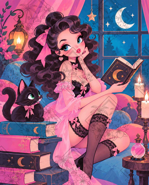 Midnight Moonlit Secrets by Finira Art fantasy pinup Diamond Art Kit featuring brunette woman reading a celestial book beside a black cat, crescent moon and pink candles.