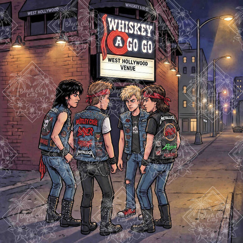 Hanging Out by Kristin Schwenke Block featuring four 1980s rock and heavy metal fans in denim battle vests outside a West Hollywood Sunset Strip music venue