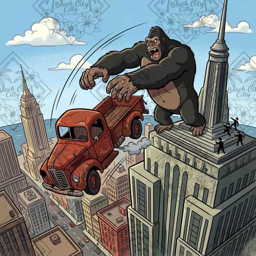 King Kong – Giant Ape on New York Skyscraper by Kristin Schwenke Block featuring a colossal roaring gorilla atop a Manhattan skyscraper reaching toward a vintage red truck above New York City