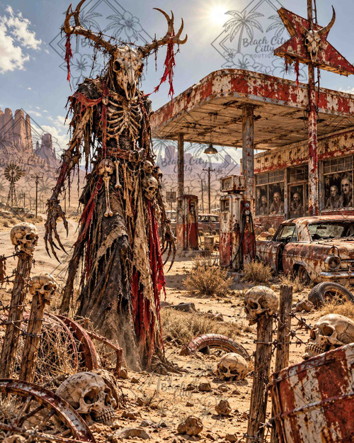 The Last Stop by ManuVany AI featuring an antlered skeletal creature surrounded by skulls at an abandoned desert gas station with rusted cars and pumps.