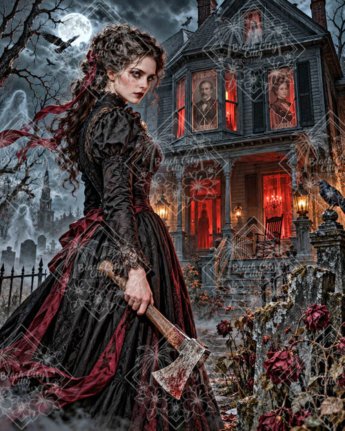 Bloodline Manor by ManuVany AI featuring a Victorian gothic woman holding a bloodstained axe before a haunted mansion with ghosts, ravens and a full moon.