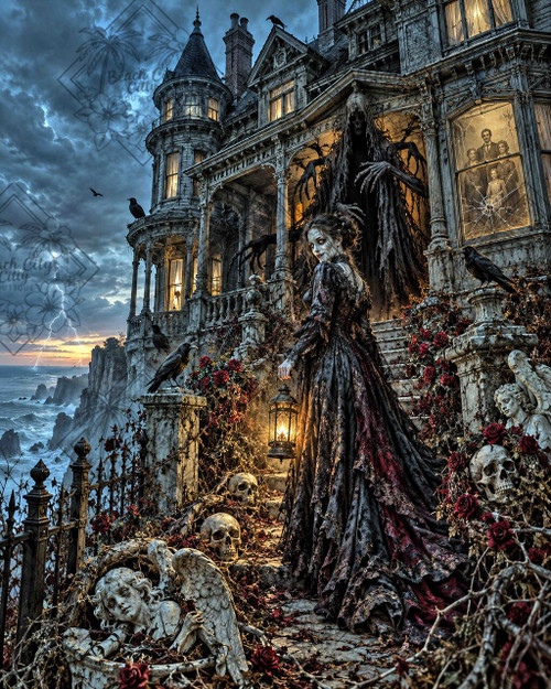 Mistress of the Mourning House by ManuVany AI featuring a gothic Victorian woman with a lantern outside a haunted seaside mansion surrounded by skulls, ravens and red roses.