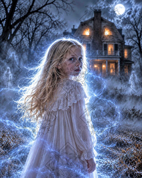 The Child the House Remembers by ManuVany AI featuring a young girl surrounded by glowing blue supernatural energy with ghosts and a haunted house beneath a full moon.