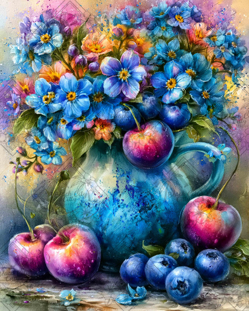 Turquoise ceramic pitcher filled with vivid blue flowers and colorful blossoms surrounded by cherries and blueberries in watercolor style.