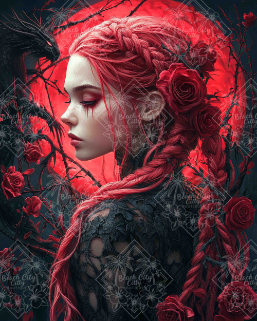 Gothic red-haired woman with elaborate braids surrounded by deep red roses, a majestic dark dragon, twisting thorny branches, and a glowing crimson moon in a dramatic gothic fantasy scene.