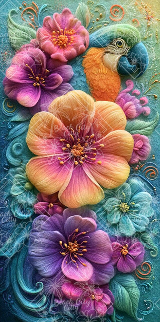 Colorful blue and orange macaw surrounded by oversized coral, purple, pink, and turquoise tropical flowers with swirling foliage.