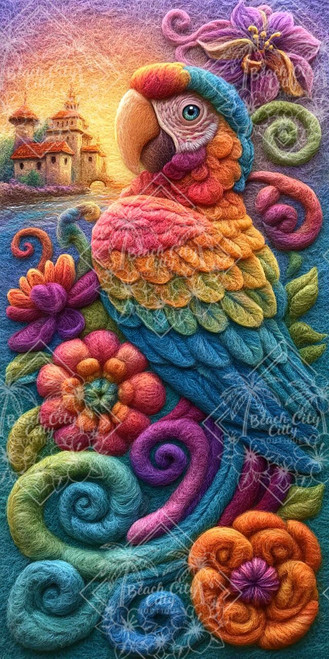 Colorful parrot rendered in soft fiber-art texture surrounded by whimsical flowers and swirling foliage with a glowing village landscape.