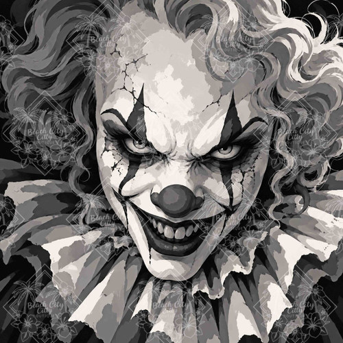 Sinister Midnight Clown diamond painting featuring a terrifying evil clown with cracked white makeup, dark eyes, sharp teeth, and a sinister grin.