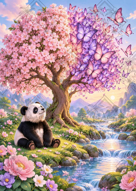 Sweet Spring Wonder by Cocomarshmallow Art featuring an adorable panda sitting beneath a pink cherry blossom tree filled with purple and pink butterflies beside a sparkling river and waterfalls.