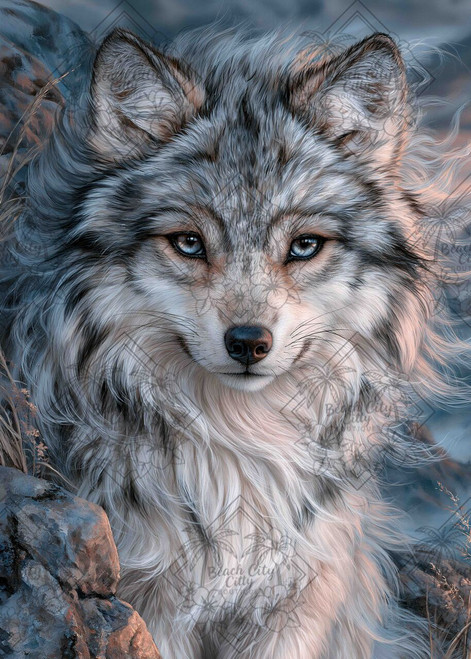 The Silver Legend by Cocomarshmallow Art featuring a close-up portrait of a majestic silver-gray wolf with piercing pale blue eyes, thick flowing fur, and a dramatic rocky background.
