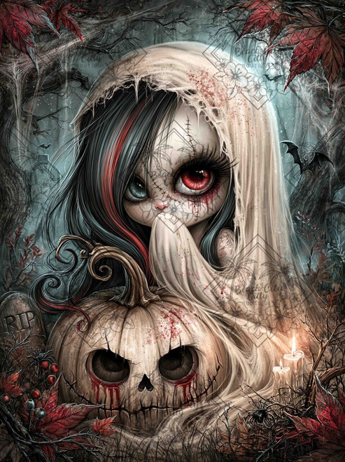 Haunted Pumpkin Whispers gothic Halloween diamond painting featuring mysterious pumpkin imagery and a haunting autumn atmosphere.