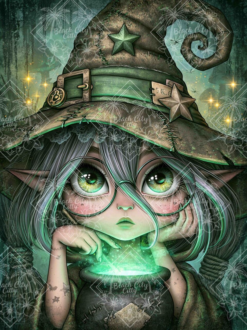 Emerald Witch's Enchantment fantasy diamond painting featuring an enchanting witch-inspired theme with rich emerald-green magical styling.