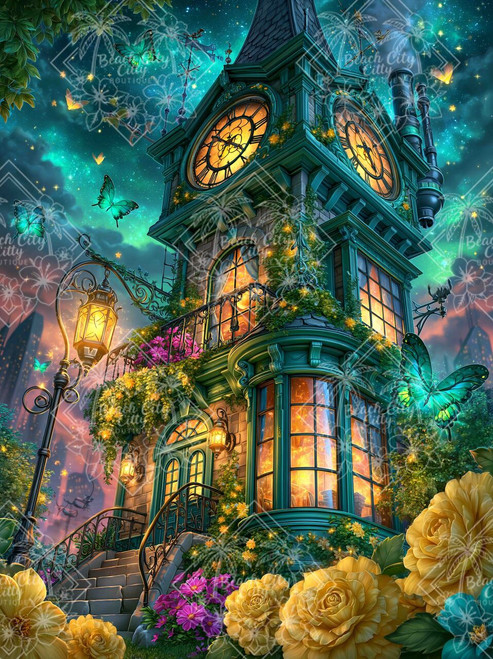 The Enchanted Clocktower fantasy diamond painting featuring a mysterious magical clocktower with enchanting gothic architectural styling.