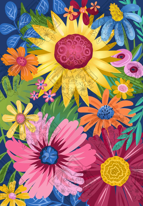Sunshine in Full Bloom by Karen Torok Art featuring a large golden sunflower surrounded by pink, orange, blue and burgundy flowers with decorative green leaves on a navy blue background.