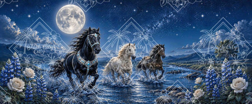 Moonlit Spirit Horse Run by Kelly Reins featuring three horses running through water beneath a full moon surrounded by bluebonnets and white roses.