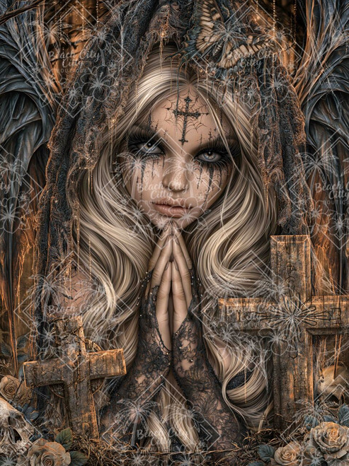 Gothic Angel of Lost Souls dark fantasy diamond painting featuring a blonde gothic angel with folded praying hands, black wings, weathered cemetery crosses, and skulls.
